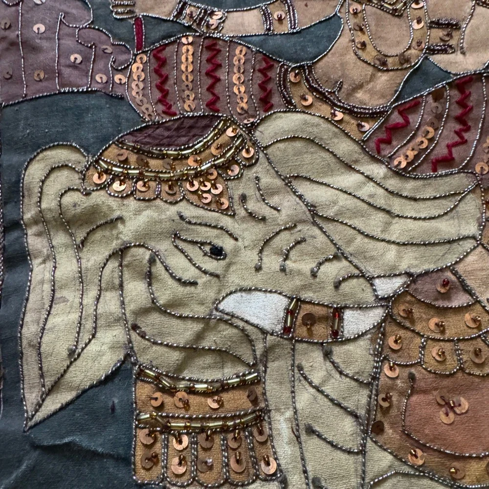 Vintage Burmese Kalaga Tapestry Large Gold Embroidered Elephant Wall Hanging Art